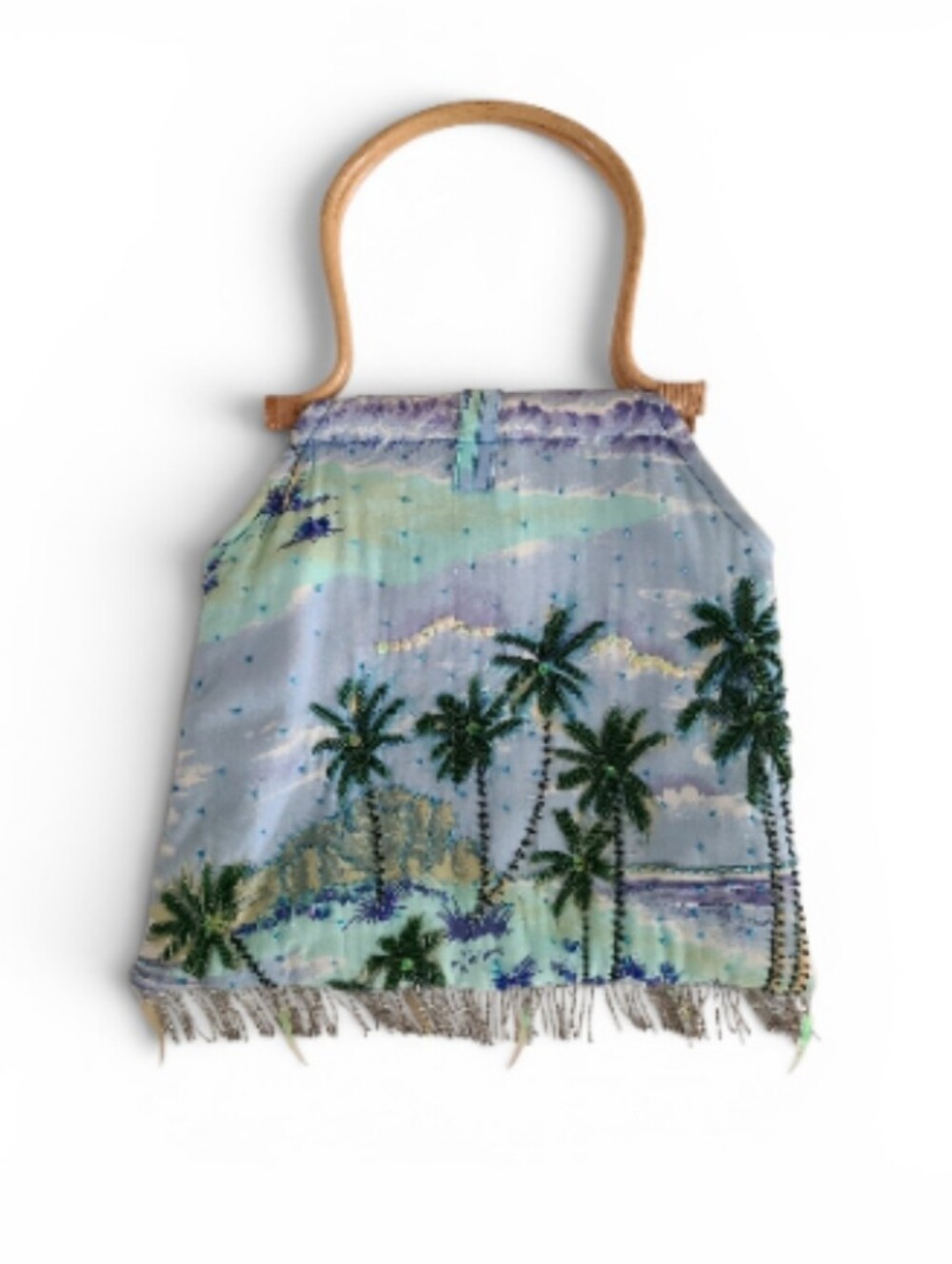 Vintage Hand-Embellished Tropical Tote Bag W/ Bamboo Handles - Picture 2 of 4